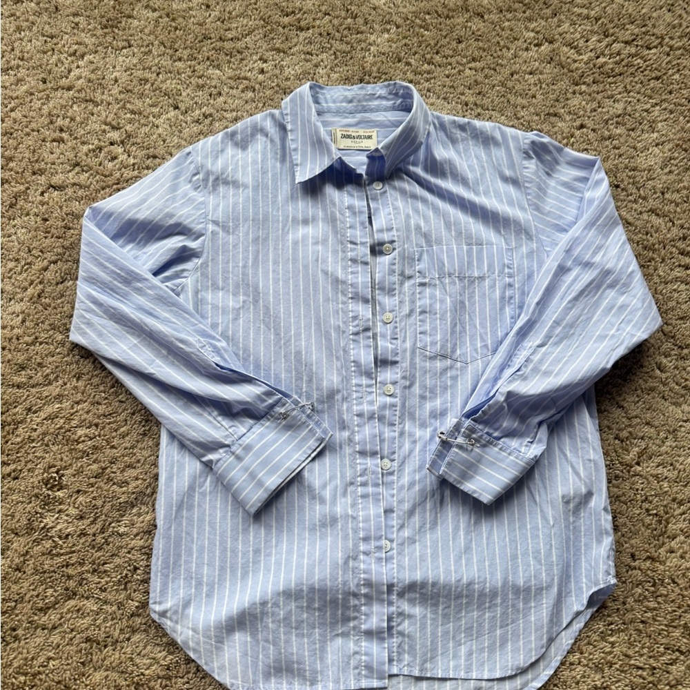 Zadig & Voltaire Sky Blue and White Striped Button-Down Shirt